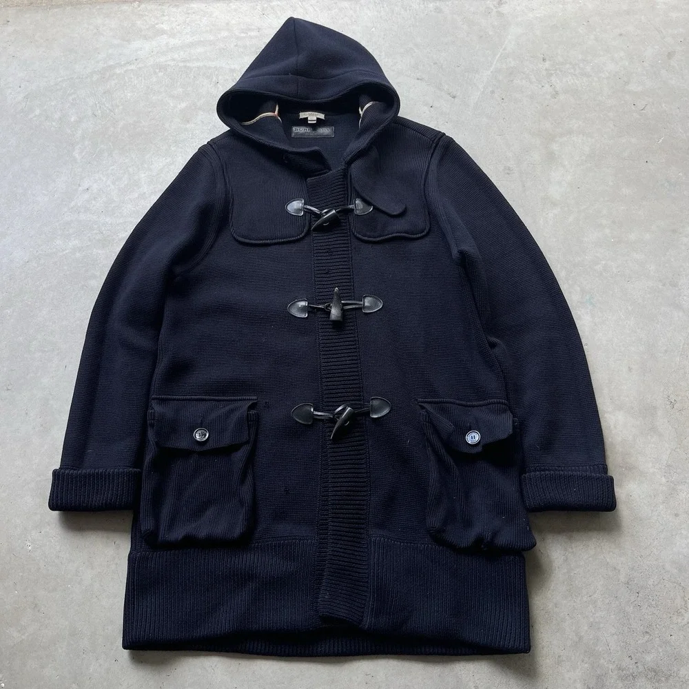 Burberry Brit Merino Wool Knit Duffle Coat Navy Hooded Toggle Nova Check XL - Picture 1 of 10
